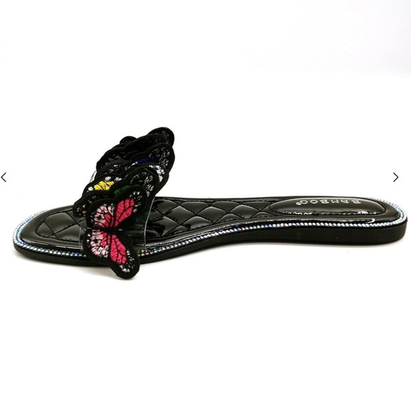 Bamboo Womans Alta Flat Slide Sandal Embroidered Butterflies on Top - Picture 2 of 10